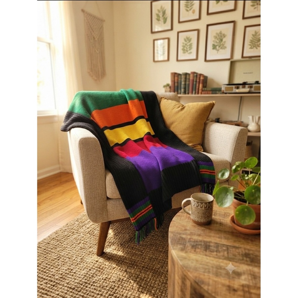 Vintage Multi Color Striped Knit Throw Blanket Multicolor Throw Blanket 69x48